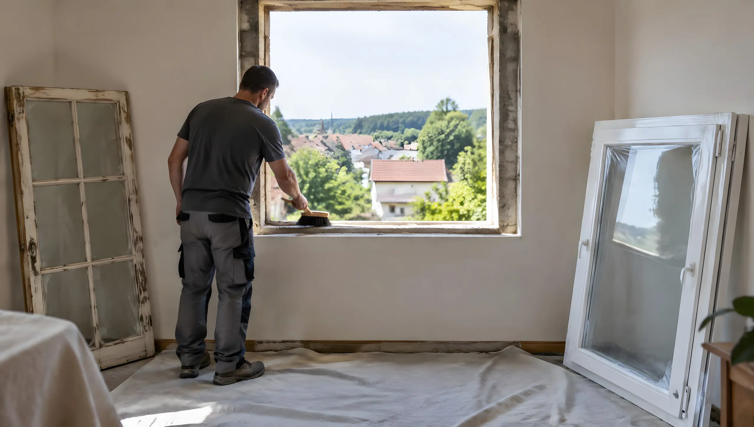 Remplacement en cours : l’ancienne fenêtre en bois déposée, la neuve prête contre le mur