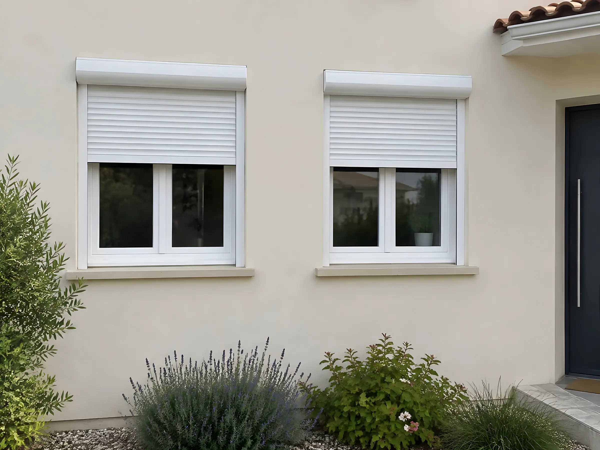 Façade enduite : deux fenêtres à volets roulants blancs et une porte d’entrée gris anthracite