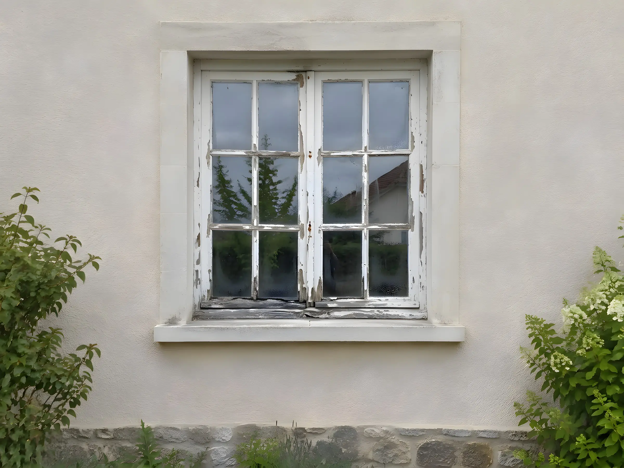Vieille fenêtre en bois à petits carreaux, peinture écaillée et bas du cadre noirci