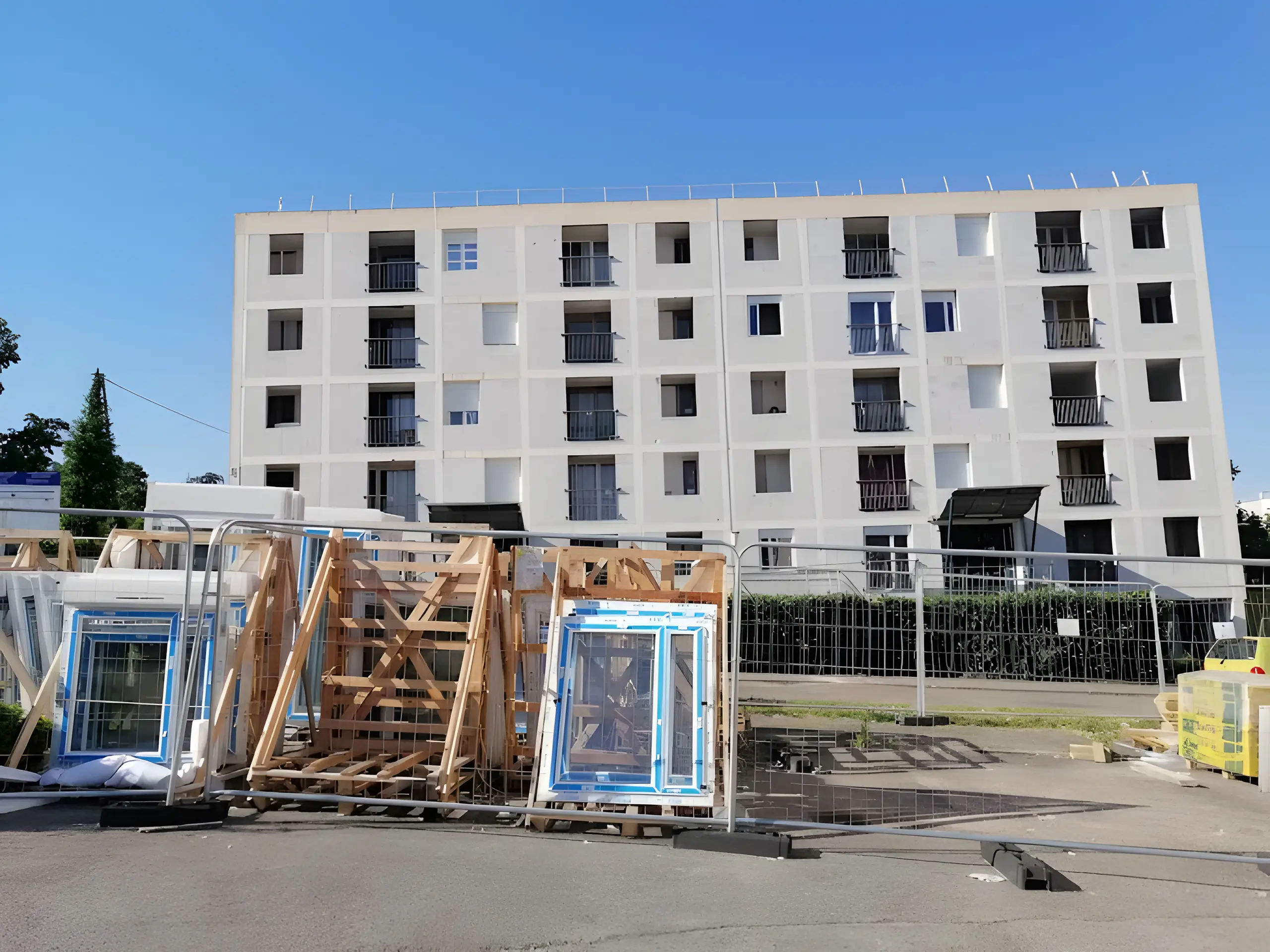 Menuiseries livrées sur palettes au pied d’un immeuble neuf