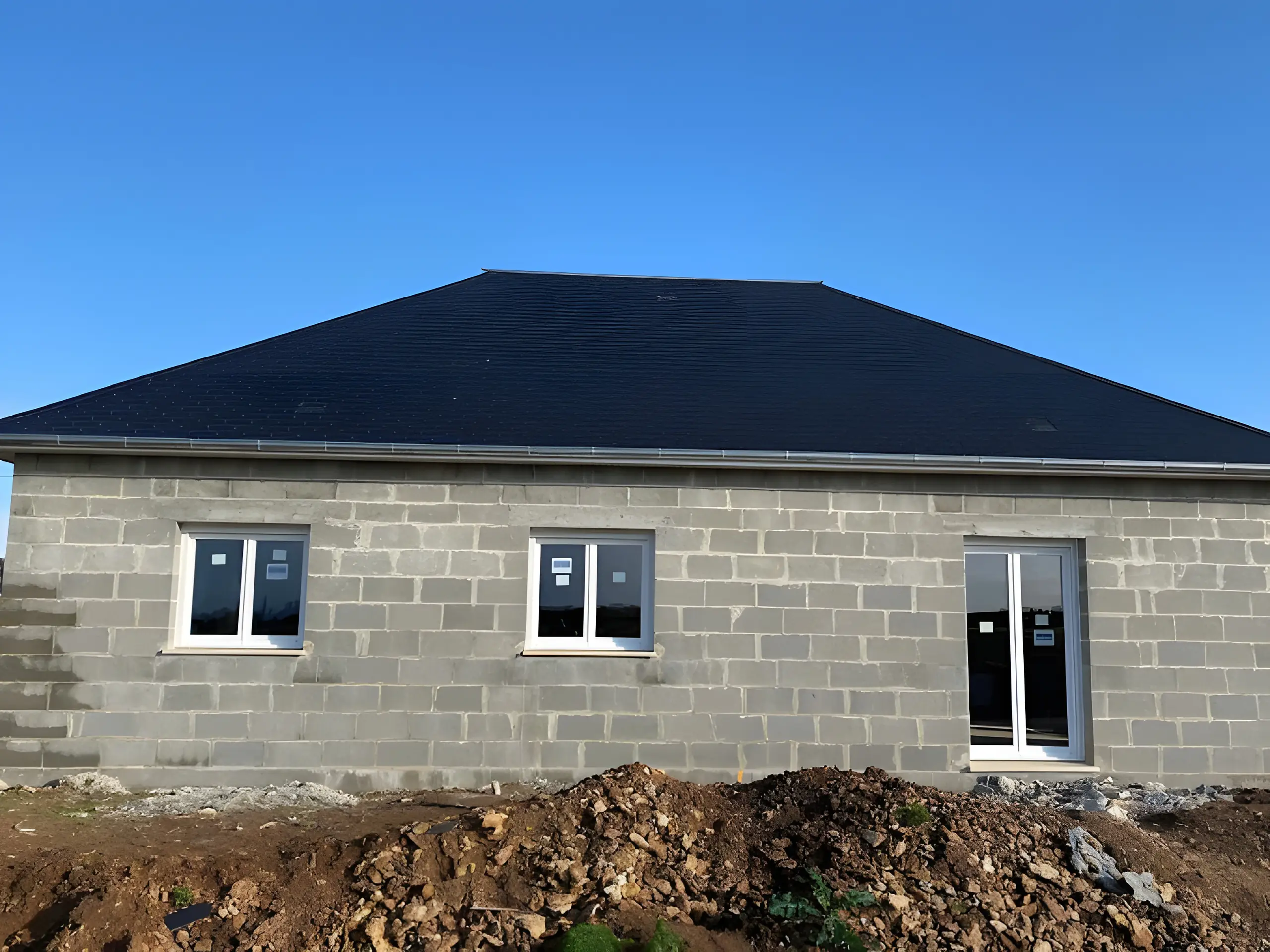 Maison de plain-pied en parpaings, fenêtres blanches posées avant l’enduit