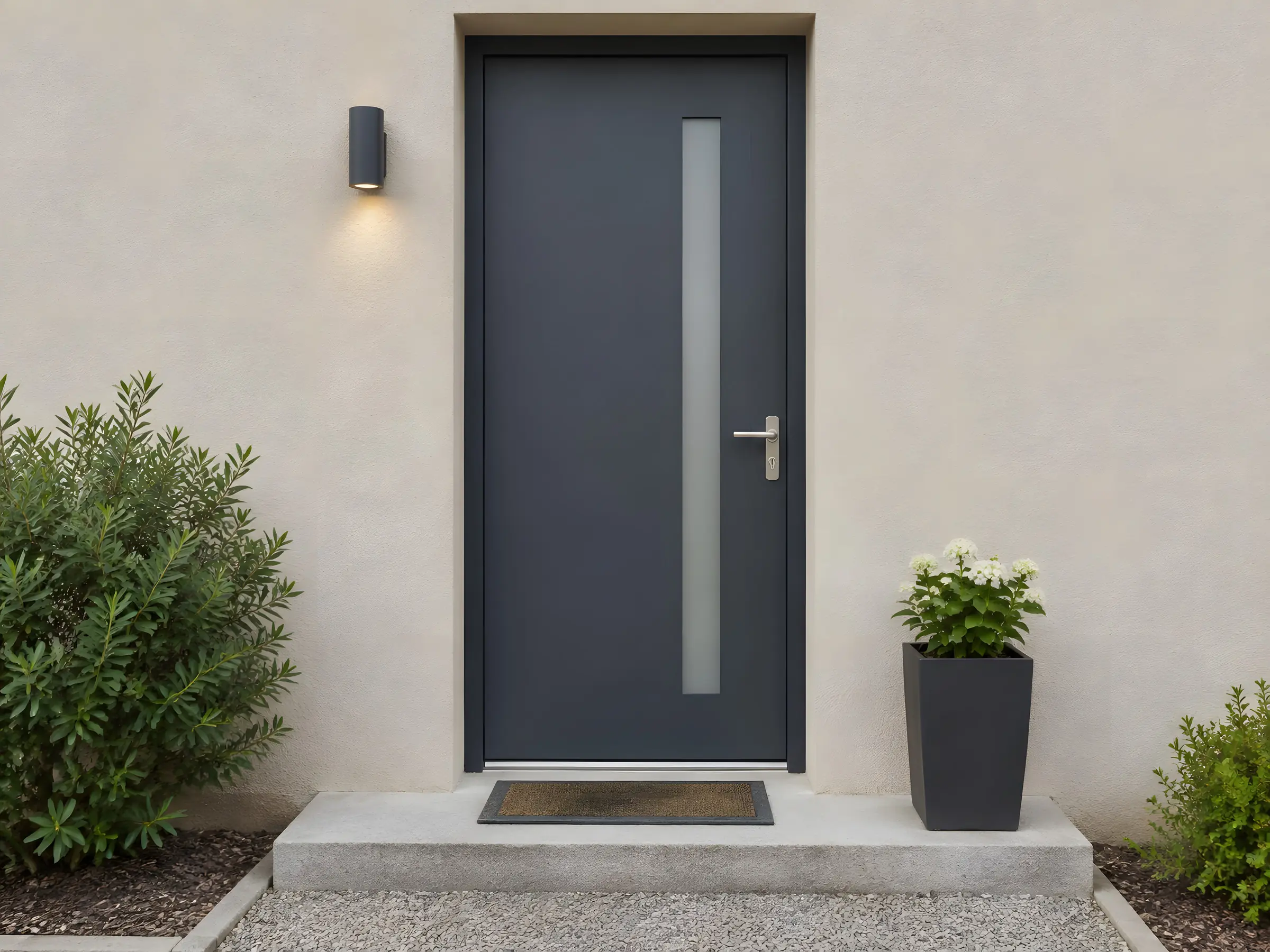 La même entrée avec une porte neuve gris anthracite à vitrage vertical
