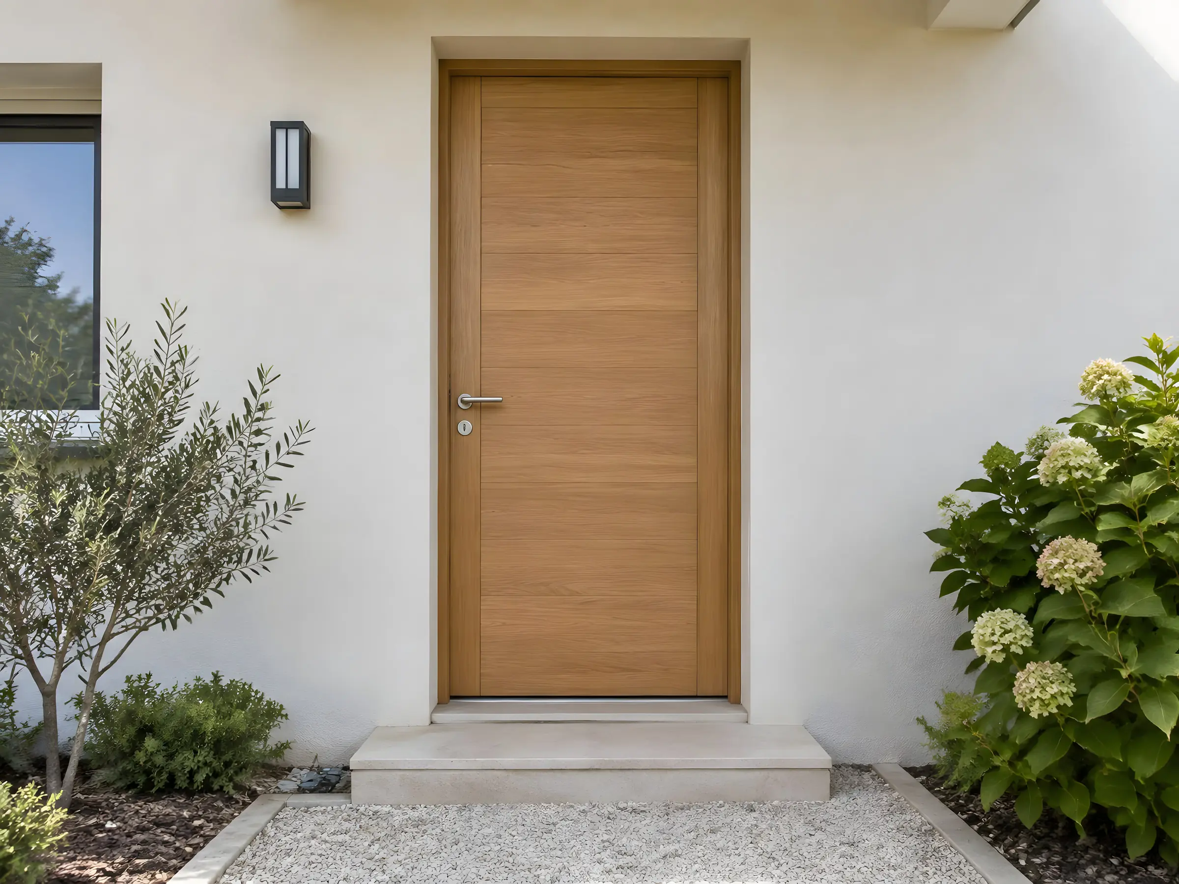 La même entrée avec une porte neuve en bois clair, joint net et seuil propre