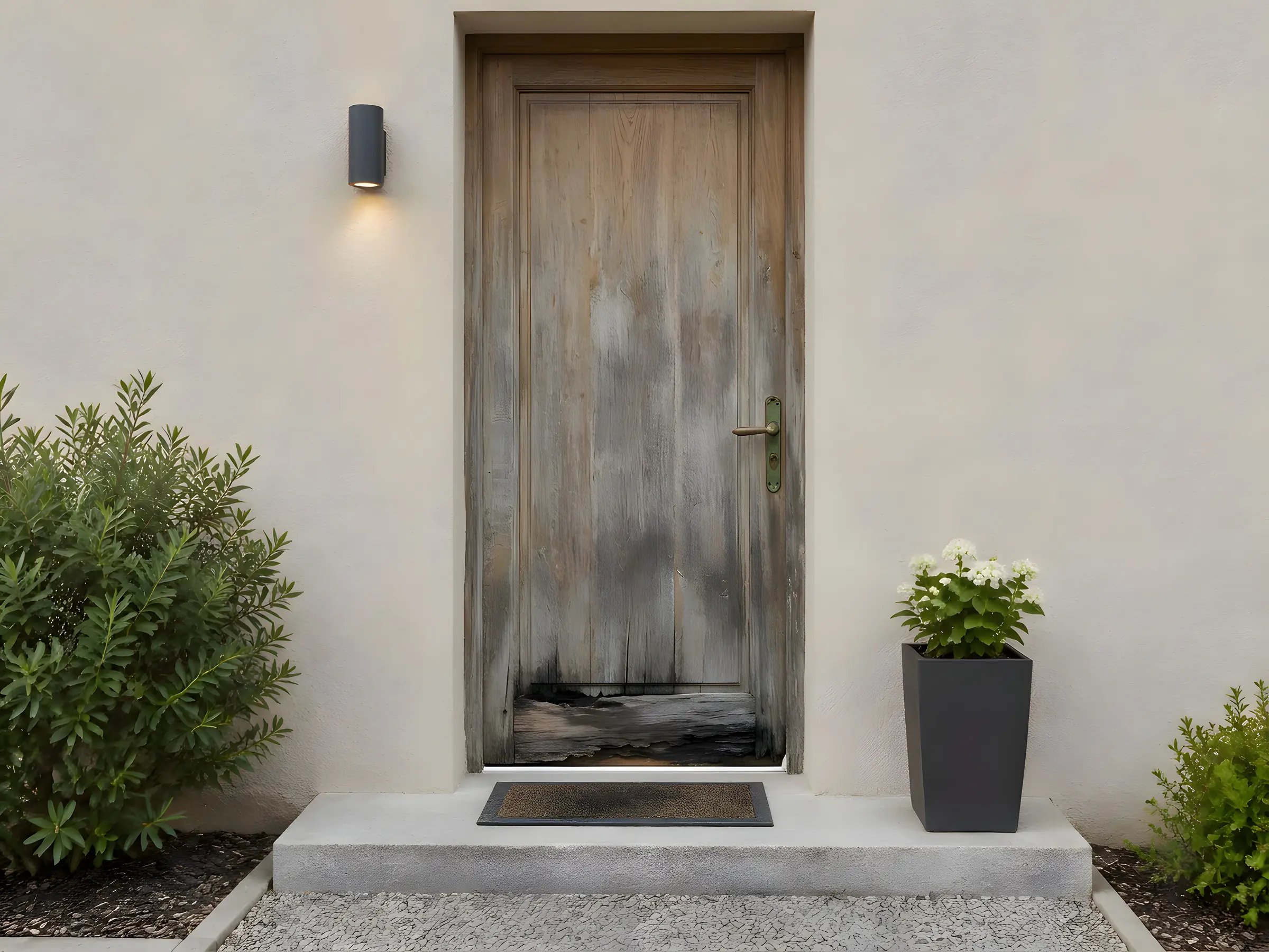 Vieille porte d’entrée en bois grisé et fendu, bas de porte abîmé