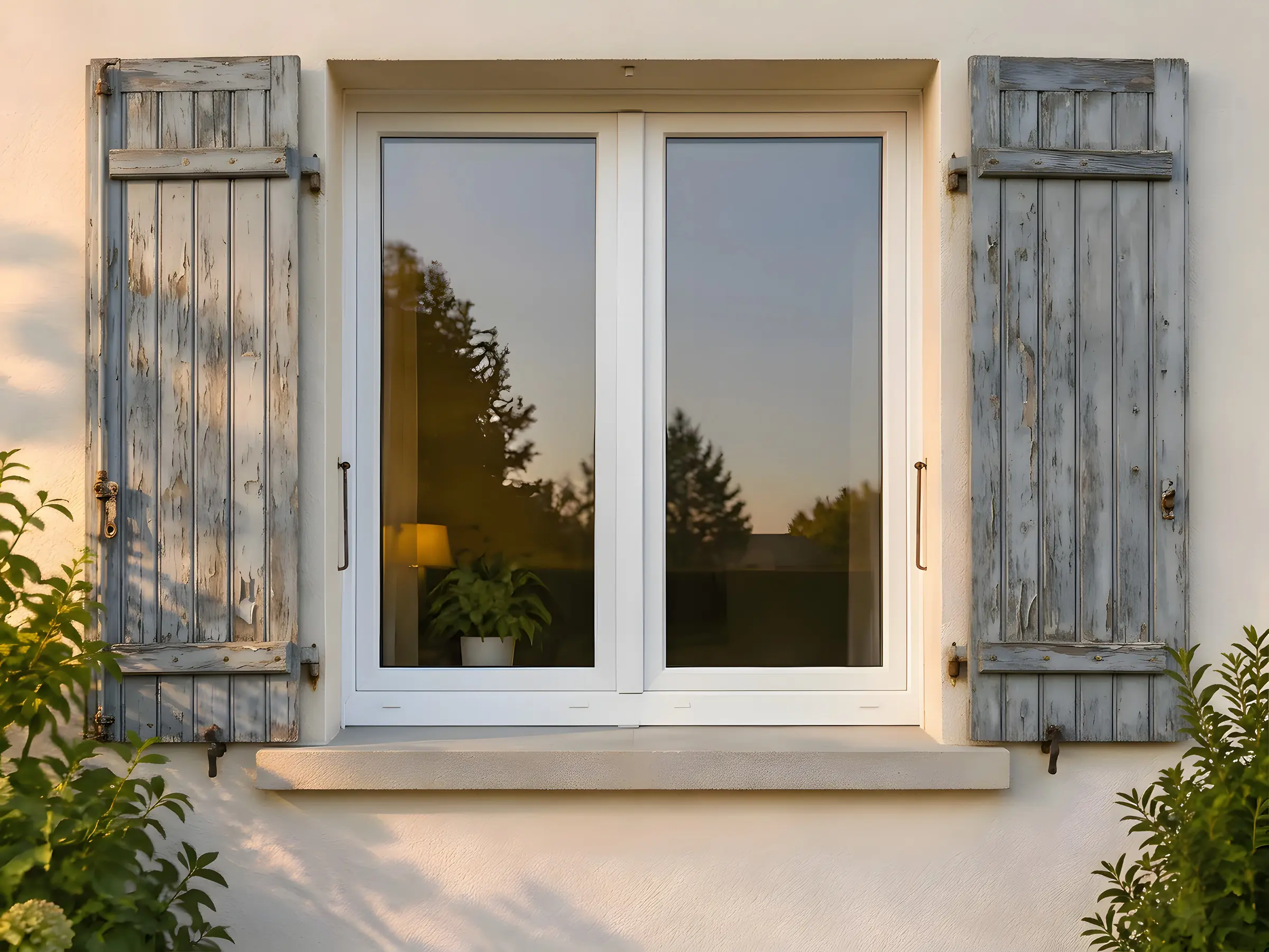 Fenêtre blanche entre deux vieux volets battants en bois gris écaillé